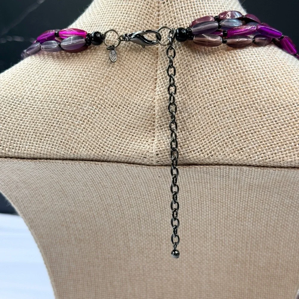 Premier Designs Purple Beaded Four Strand Layered Necklace Gunmetal Tone Clasp
